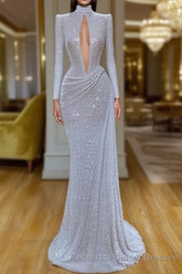 Stunning Long Sleeve High Neck Sequins Semi Formal Prom Dress Mermaid Long